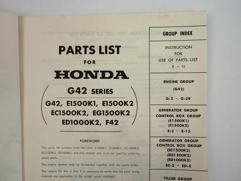 Honda G42 Series Engine E EC EG 1500 K1 K2 F42 Ersatzteilliste Parts List 1976