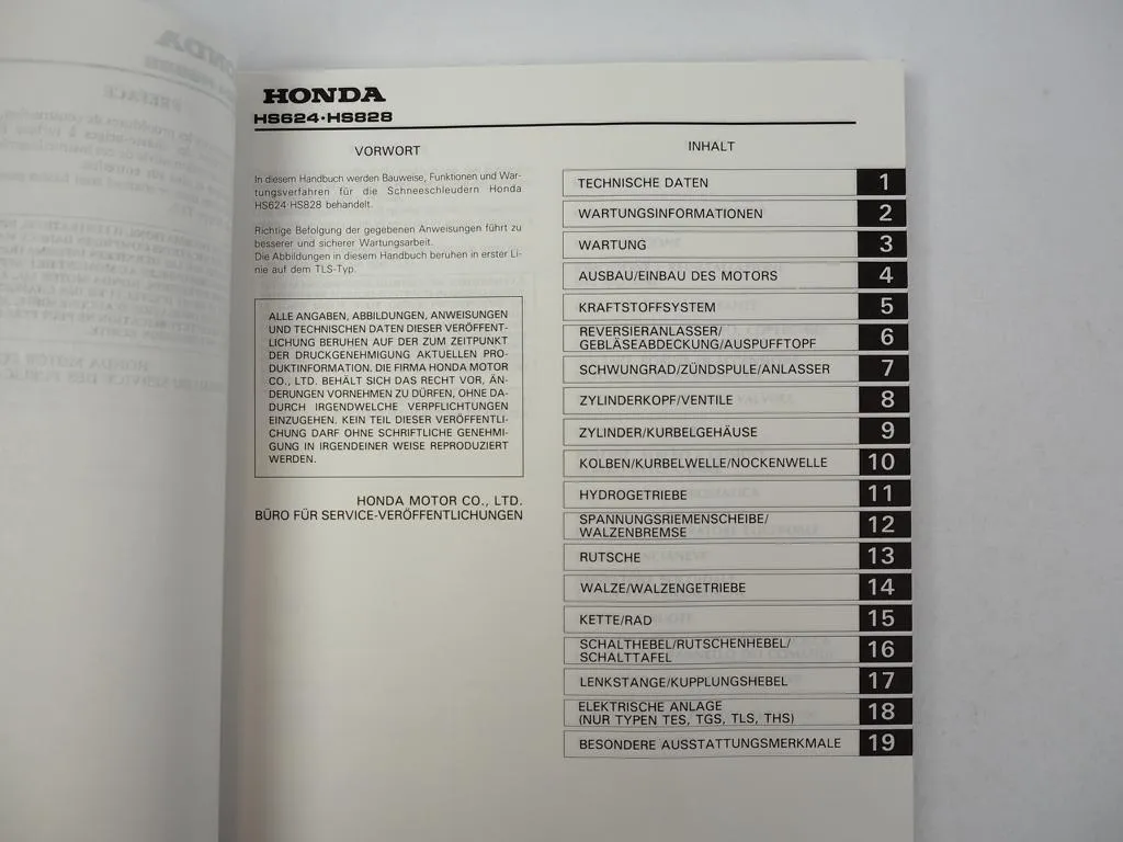 Honda HS624 HS828 Werkstatthandbuch Reparaturanleitung 1990 + Ergänzung 1992