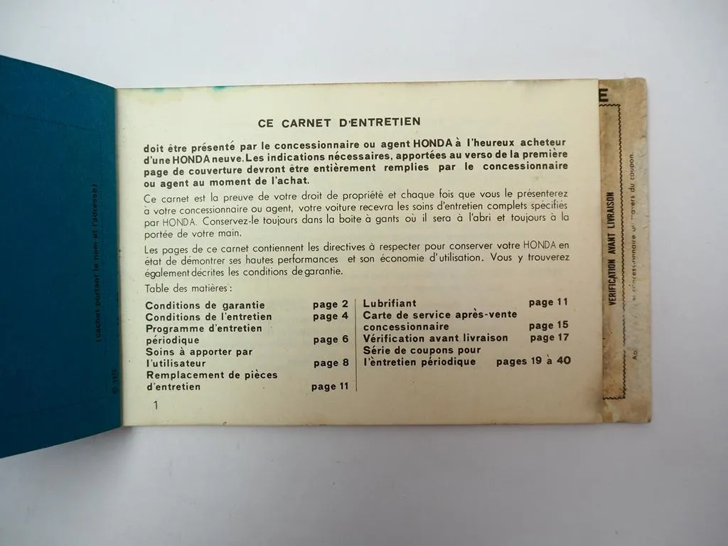 Honda N360 N600 Carnet de service et de garantie 1971