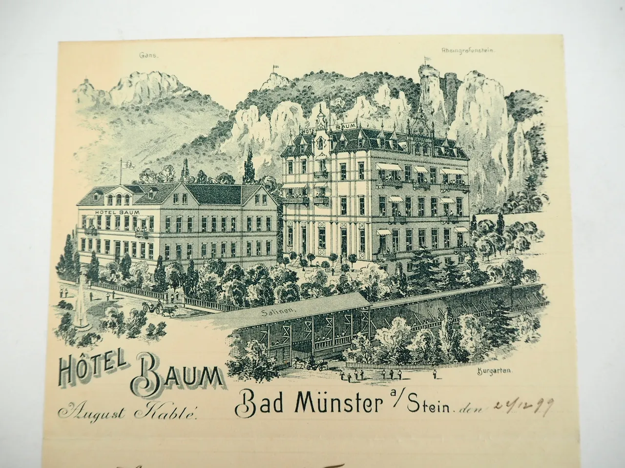 Hotel Baum Bad Münster am Stein Rheinland Pfalz Brief 1899