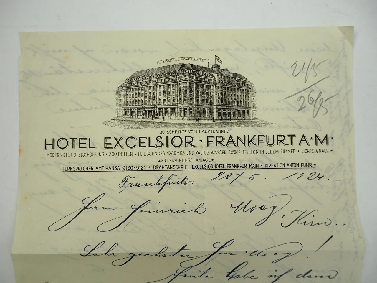 Hotel Excelsior Frankfurt Main Brief 1924