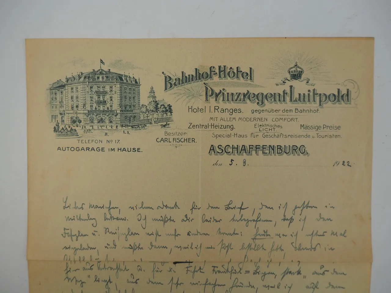 Hotel Prinzregent Luitpold Aschaffenburg Bayern Brief 1922