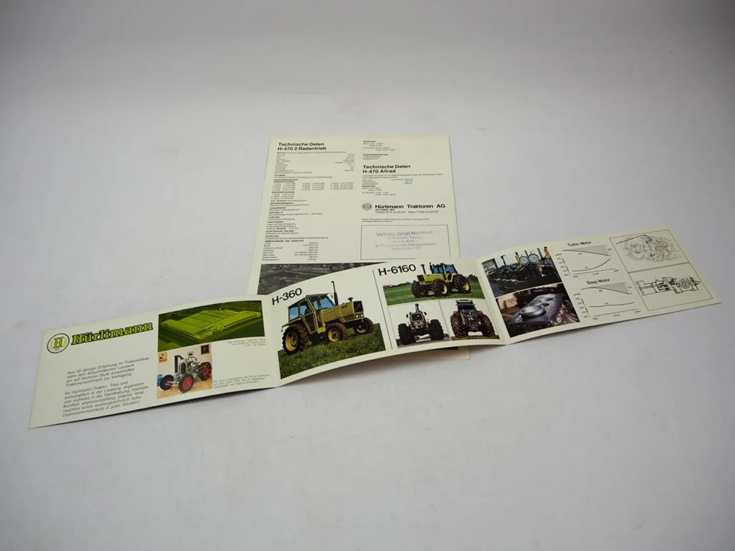 Hürlimann H-470 Traktor Prospekt H-360 - 6200 + A Programm Technische Daten 1979