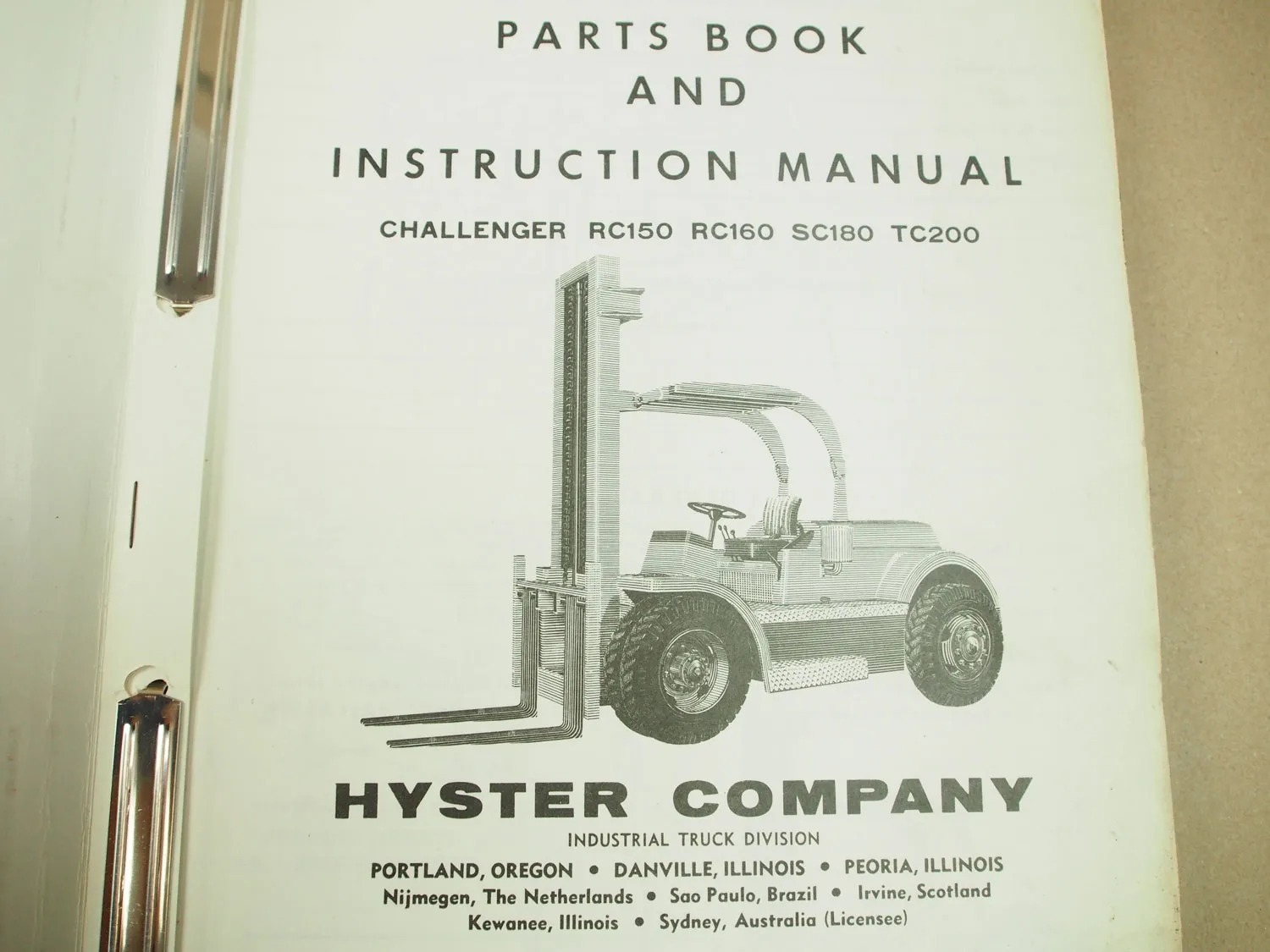 Hyster Challenger RC 150 160 SC180 TC200 Parts List INstruction Manual 1963