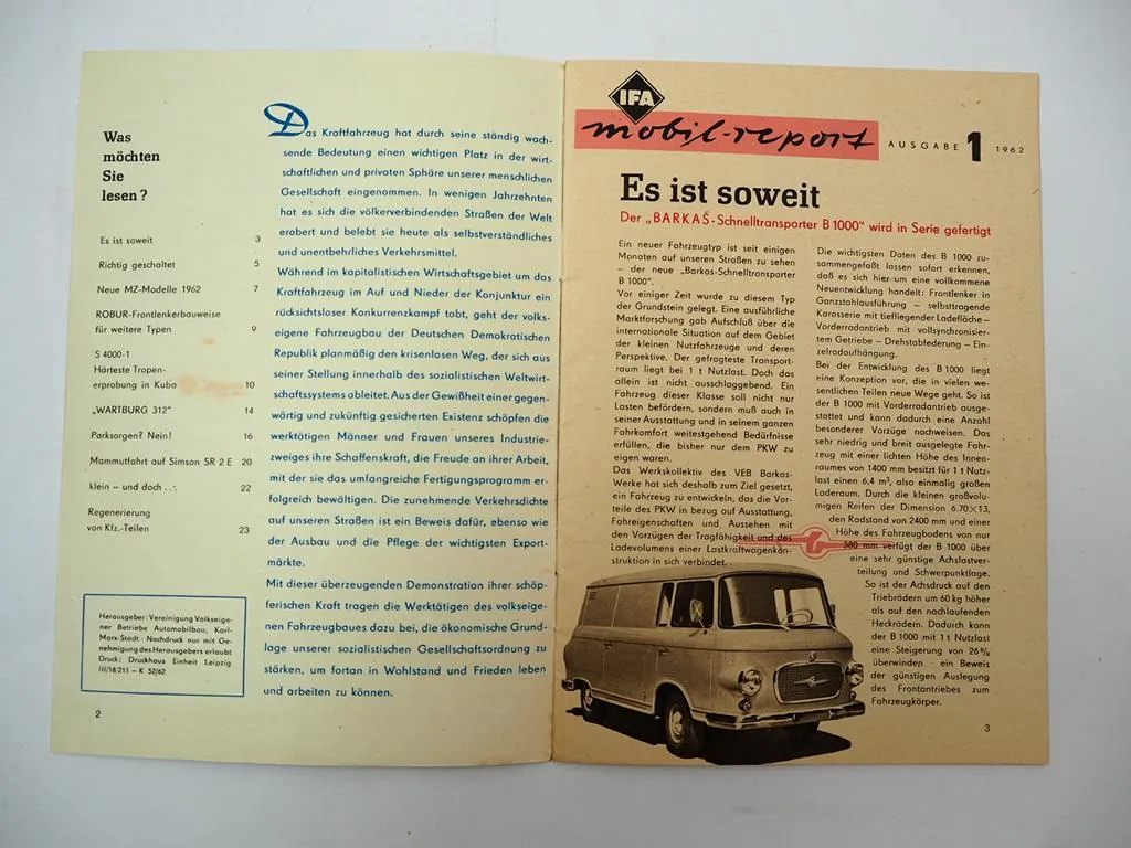 IFA Mobil Report MZ Robur Barkas Trabant S4000 Wartburg 312 Simson SR2 1962