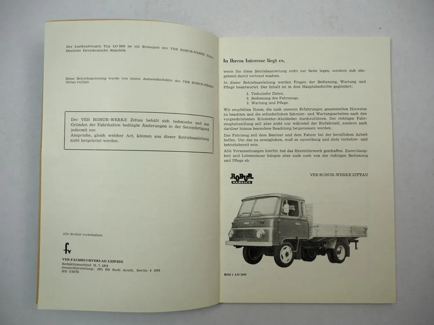 IFA Robur LO3000 LO 3000 A Lastkraftwagen Betriebsanleitung Wartung 1975