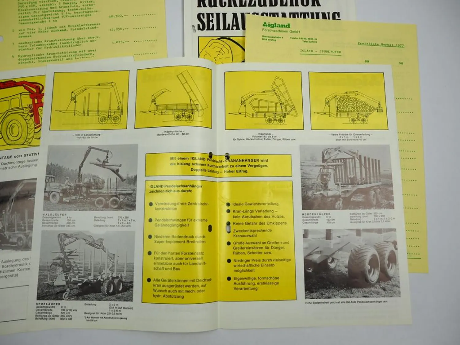 Igland Forstmaschinen Hydraulikkran Anhänger Zubehör 3x Prospekt Preisliste 1977