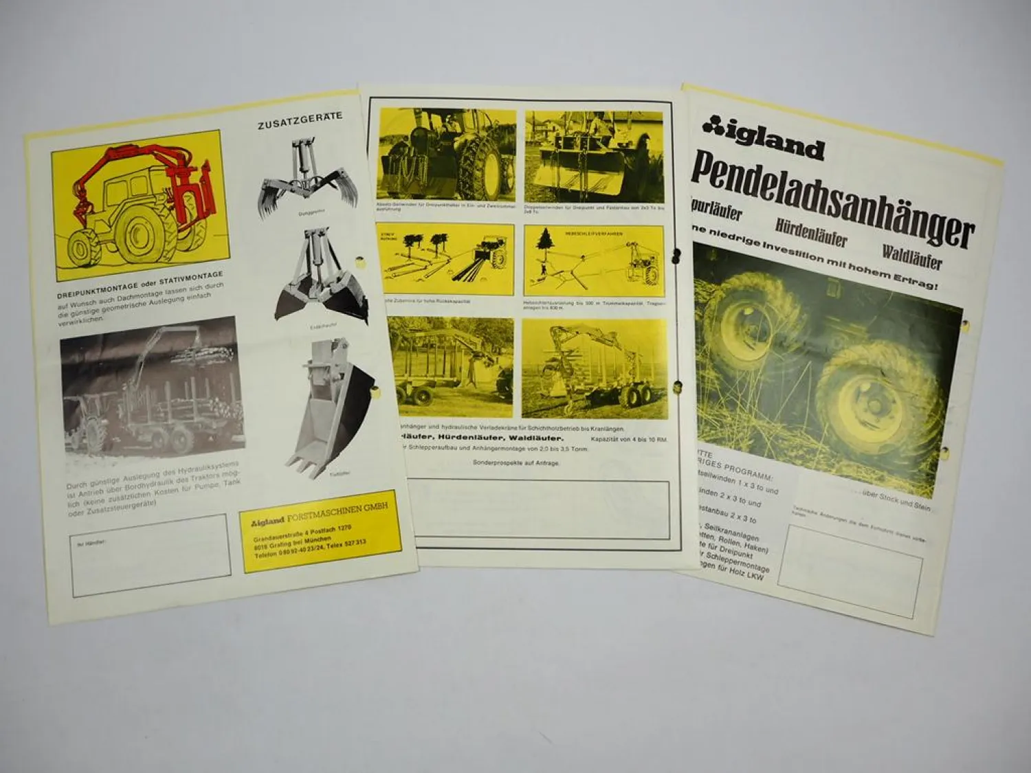 Igland Forstmaschinen Hydraulikkran Anhänger Zubehör 3x Prospekt Preisliste 1977