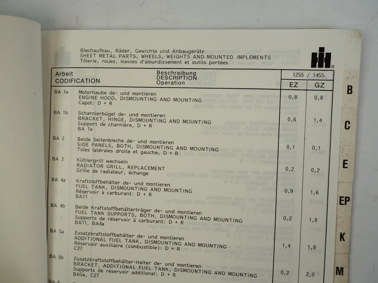 IHC 1255 1455 Dieselschlepper Richtzeitenliste Arbeitswerte 1981