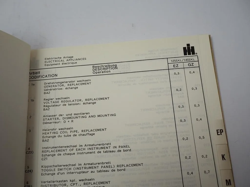 IHC 1255XL 1455XL Dieselschlepper Richtzeitenliste Arbeitswerte1982