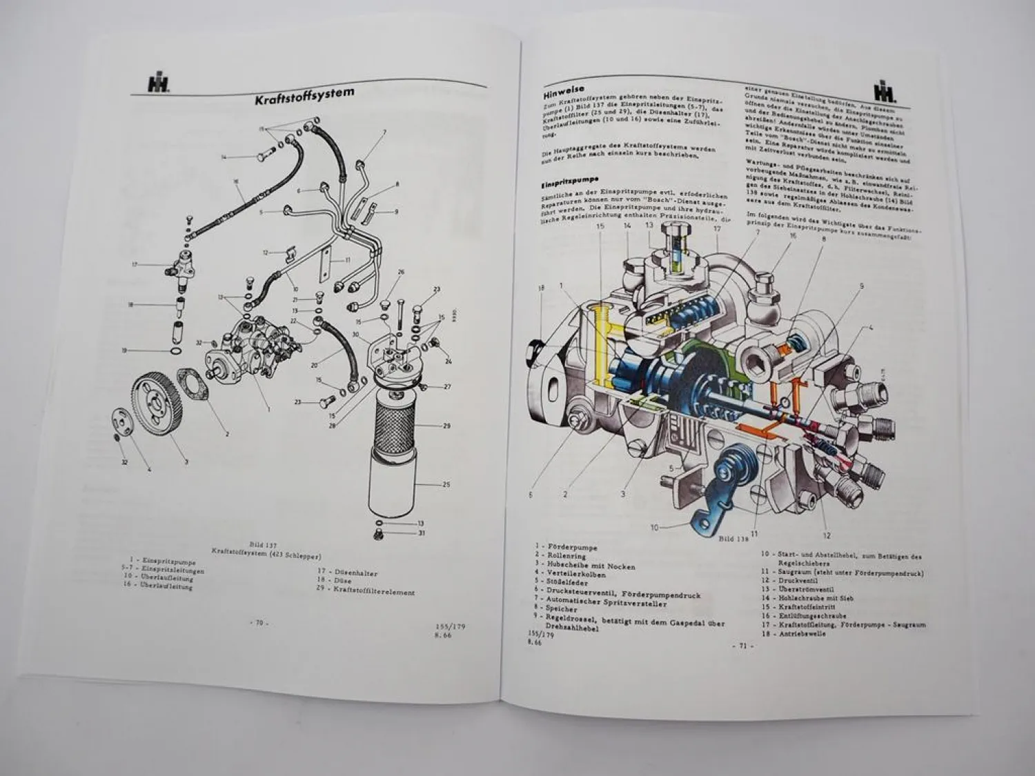 IHC 423 523 Werkstatthandbuch Dieselmotor D-179 D-155 1966