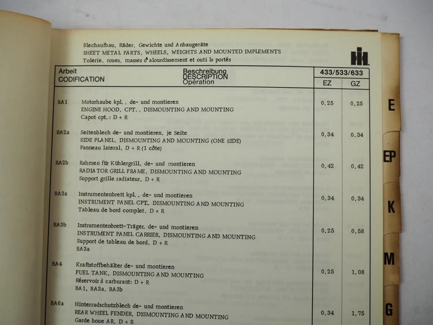 IHC 433 533 633 Dieselschlepper Technische Daten Richtzeitenliste 1975