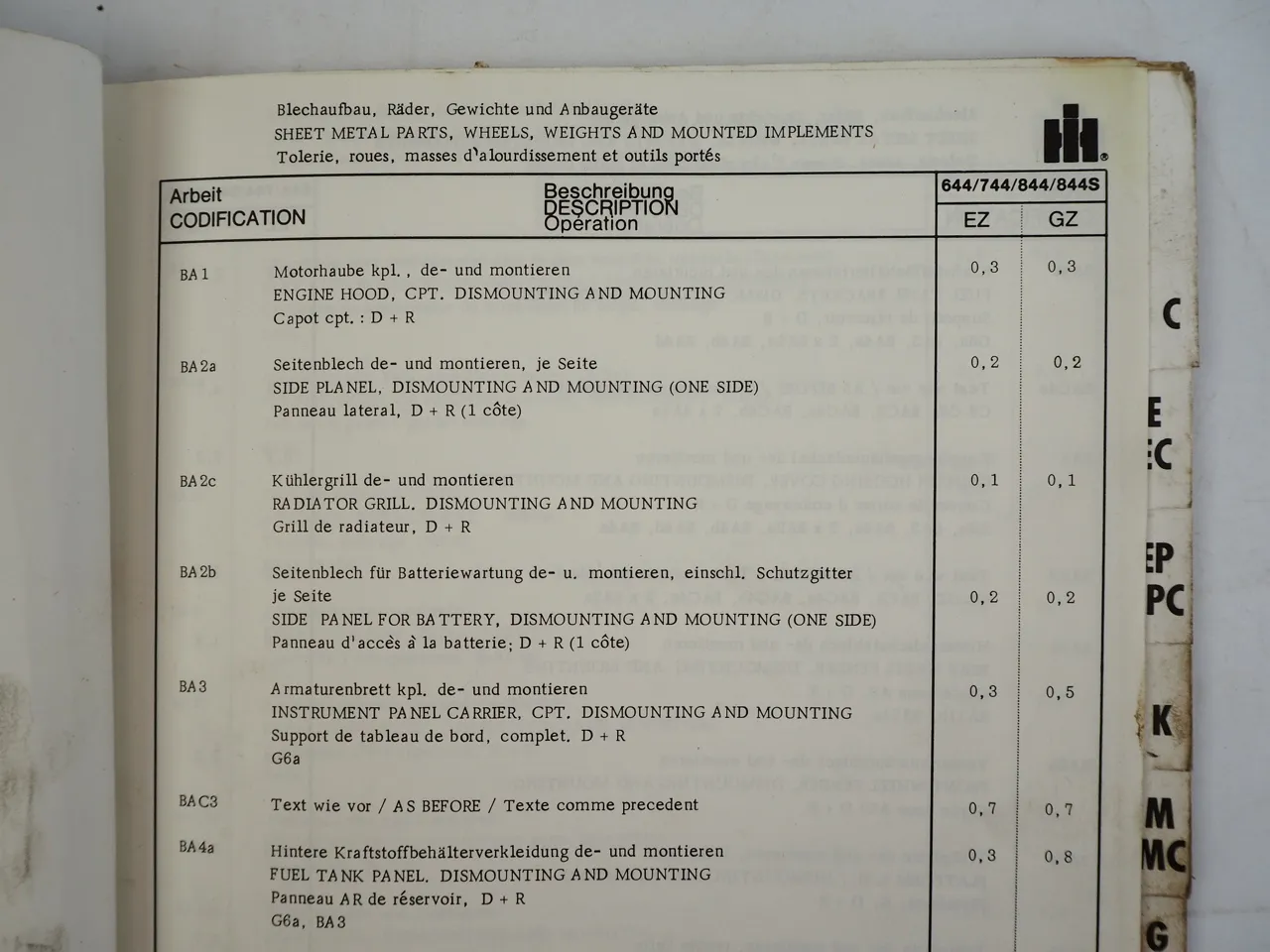 IHC 644 744 844 844S Schlepper Richtzeitenliste Arbeitszeitwerte 1977