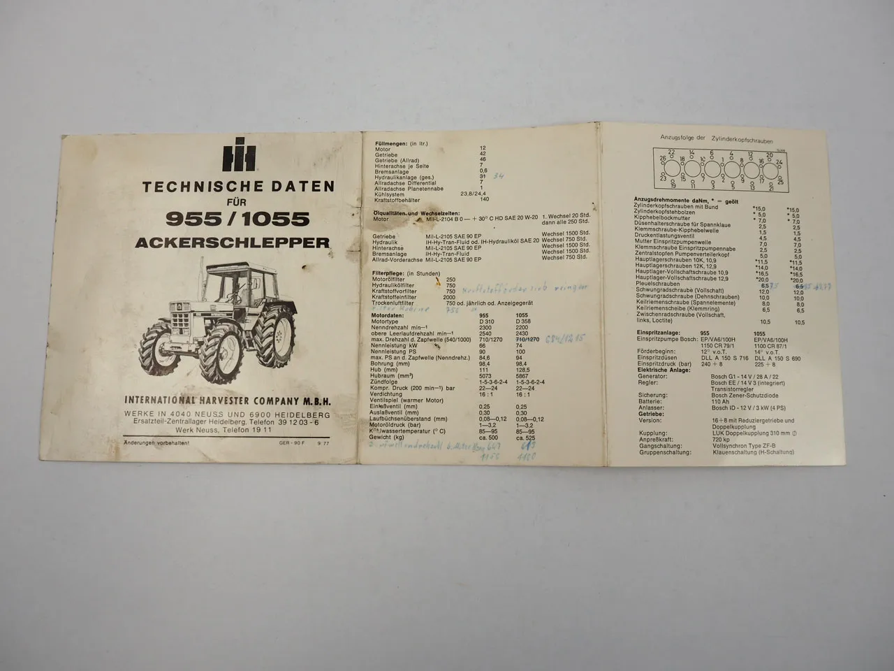 IHC 955 1055 Ackerschlepper technische Daten 1977