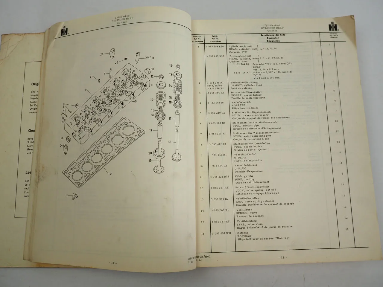 IHC H50B H60 Schaufellader Ersatzteilliste Spare Parts Catalog 1969