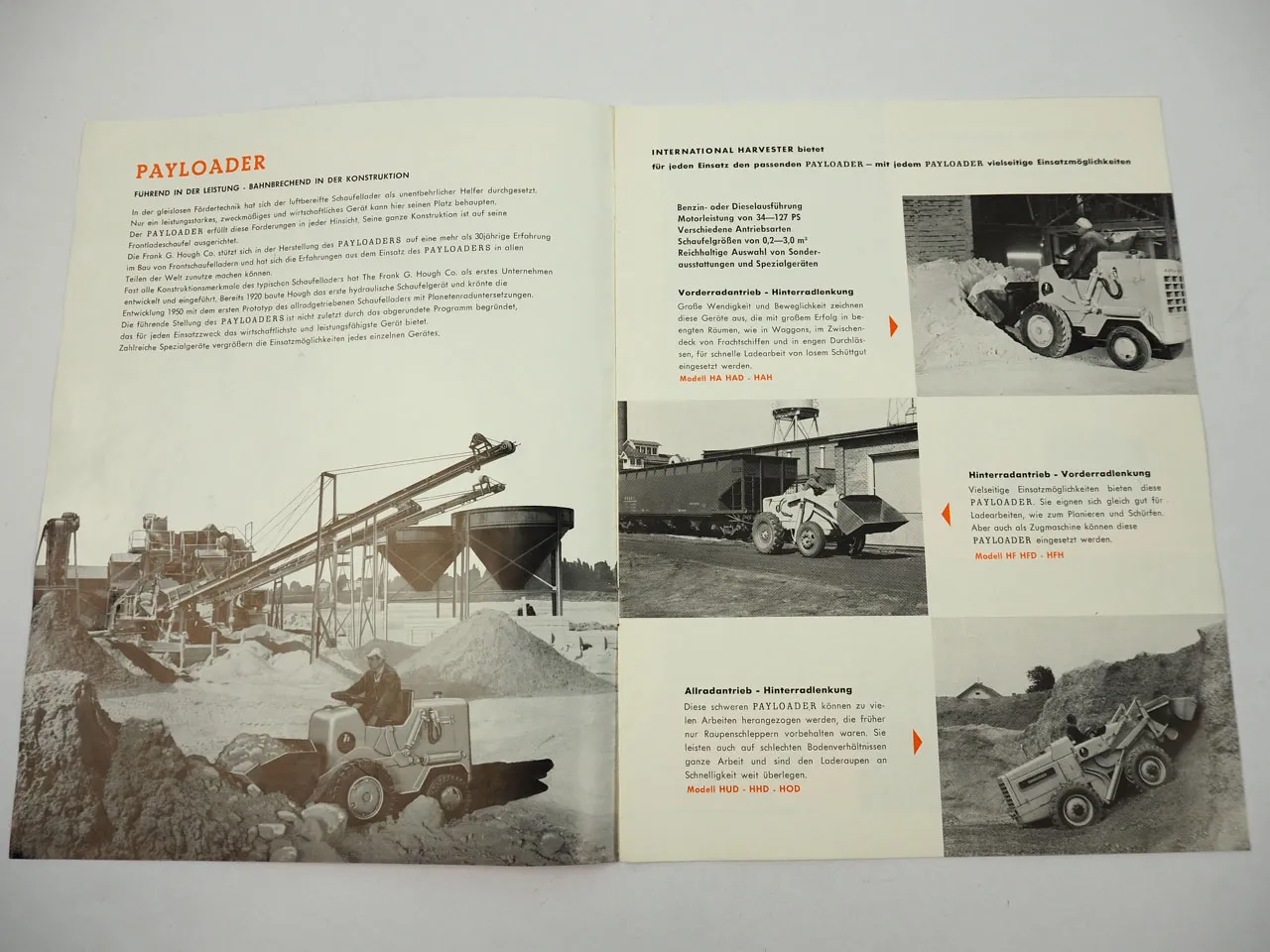 IHC HA HF HU HH HO Payloader Schaufellader Prospekt ca. 1959