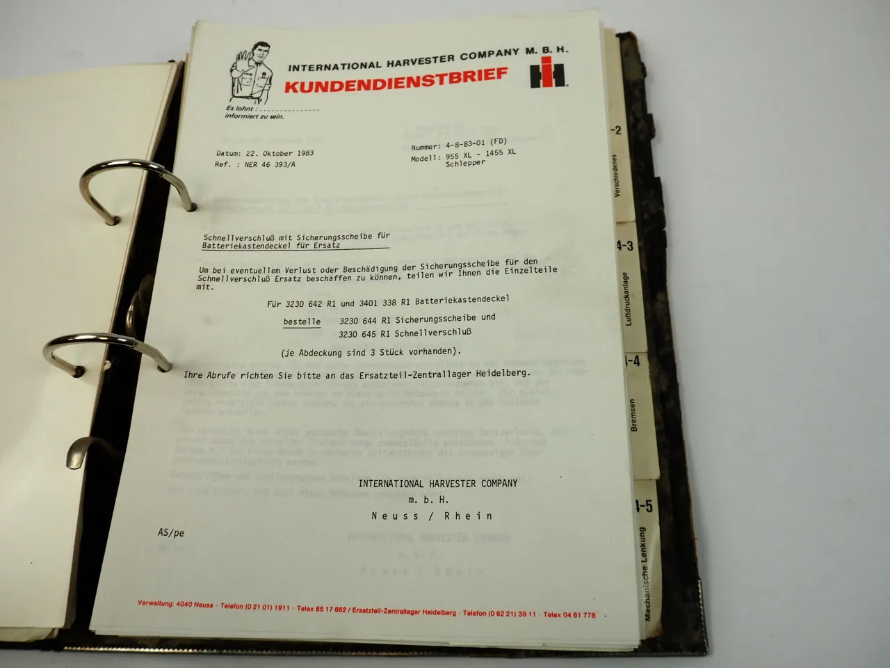 IHC Kundendienstbriefe 1973 - 1983 Traktor 433 - 1246 955 - 1455XL Pressen