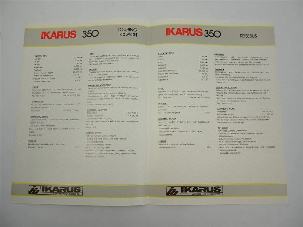 Ikarus 350 Omnibus Reisebus Prospekt Brochure 1970/80er Jahre Ungarn
