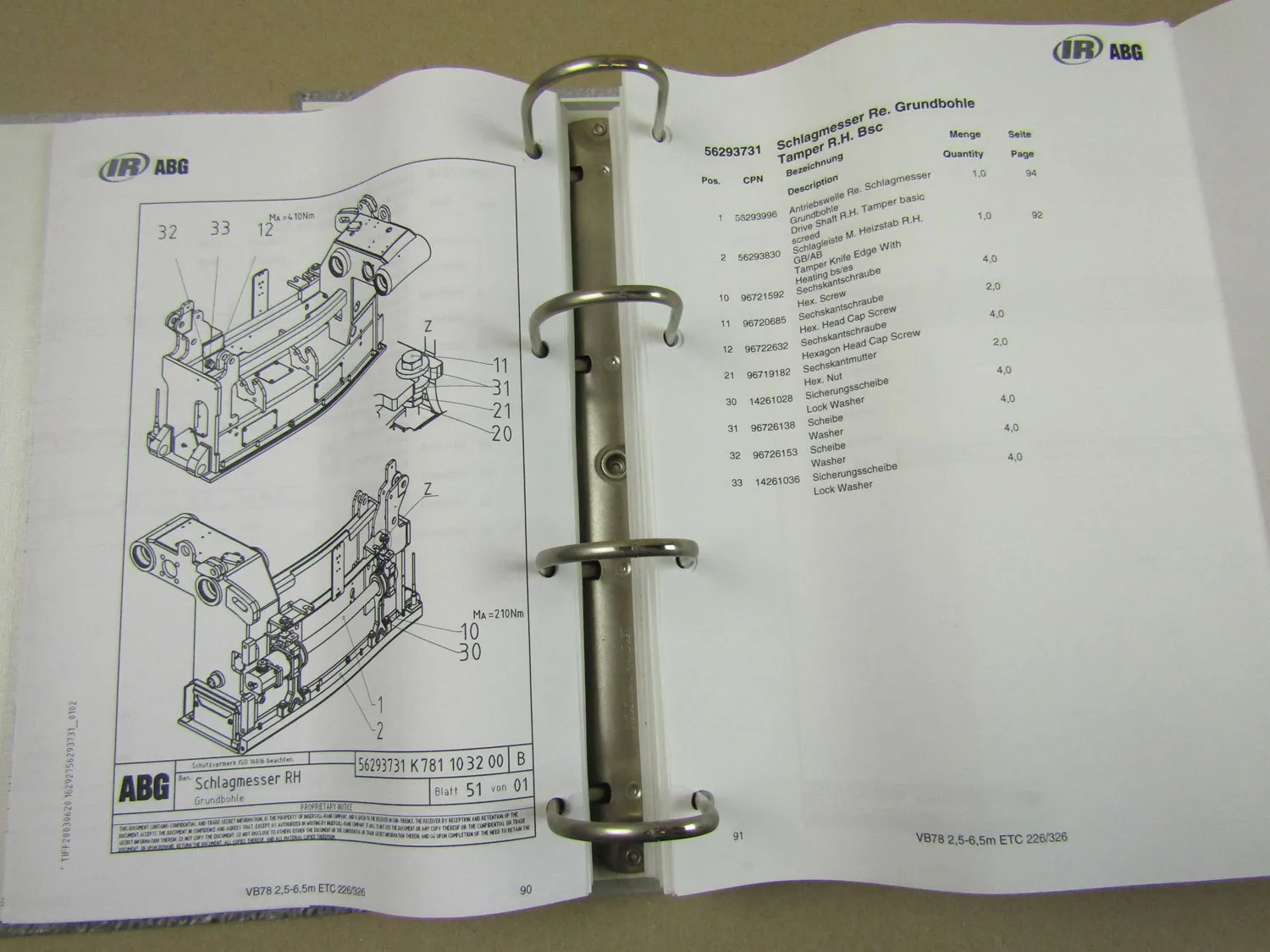 IR Ingersoll-Rand ABG Titan 326 + VB78 Straßenfertiger Ersatzteilliste Parts Lis