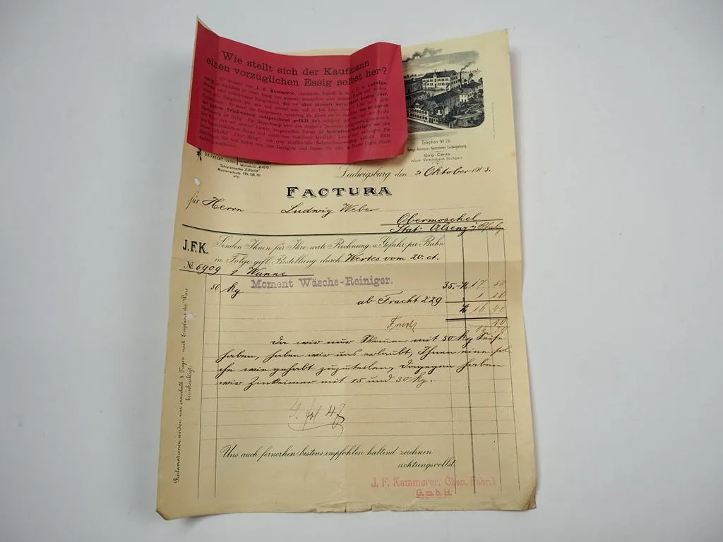 J. F. Kammerer GmbH Chemische Fabrik Ludwigsburg Rechnung 21.Okt. 1903