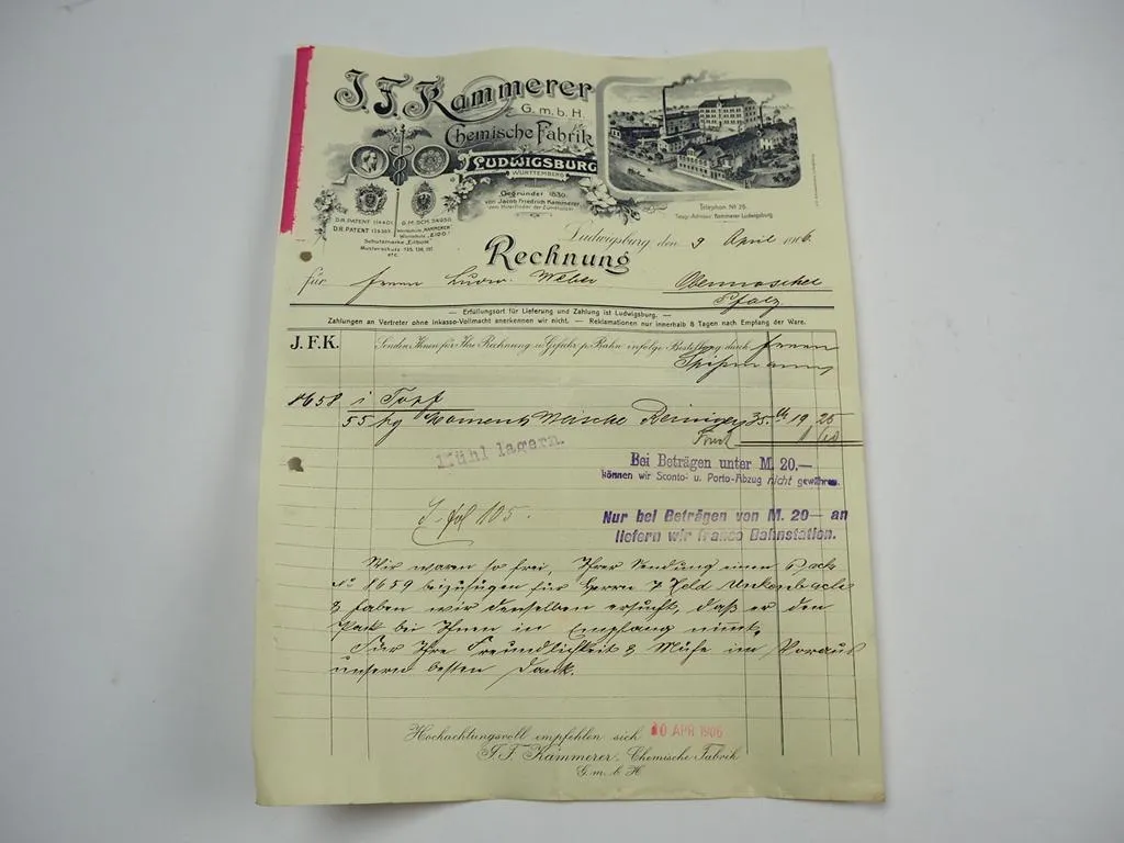 J. F. Kammerer GmbH Chemische Fabrik Ludwigsburg Rechnung 9.April 1906