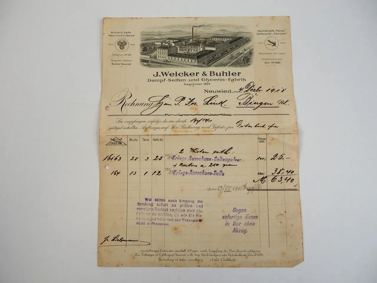 J. Welcker u. Buhler Seifen Glycerin Fabrik Neuwied Rechnung 1918