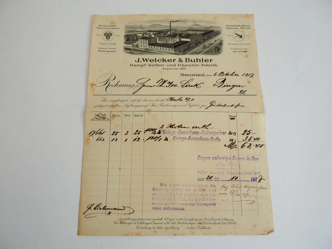 J. Welcker u. Buhler Seifen Glycerin Fabrik Neuwied Rechnung 1918