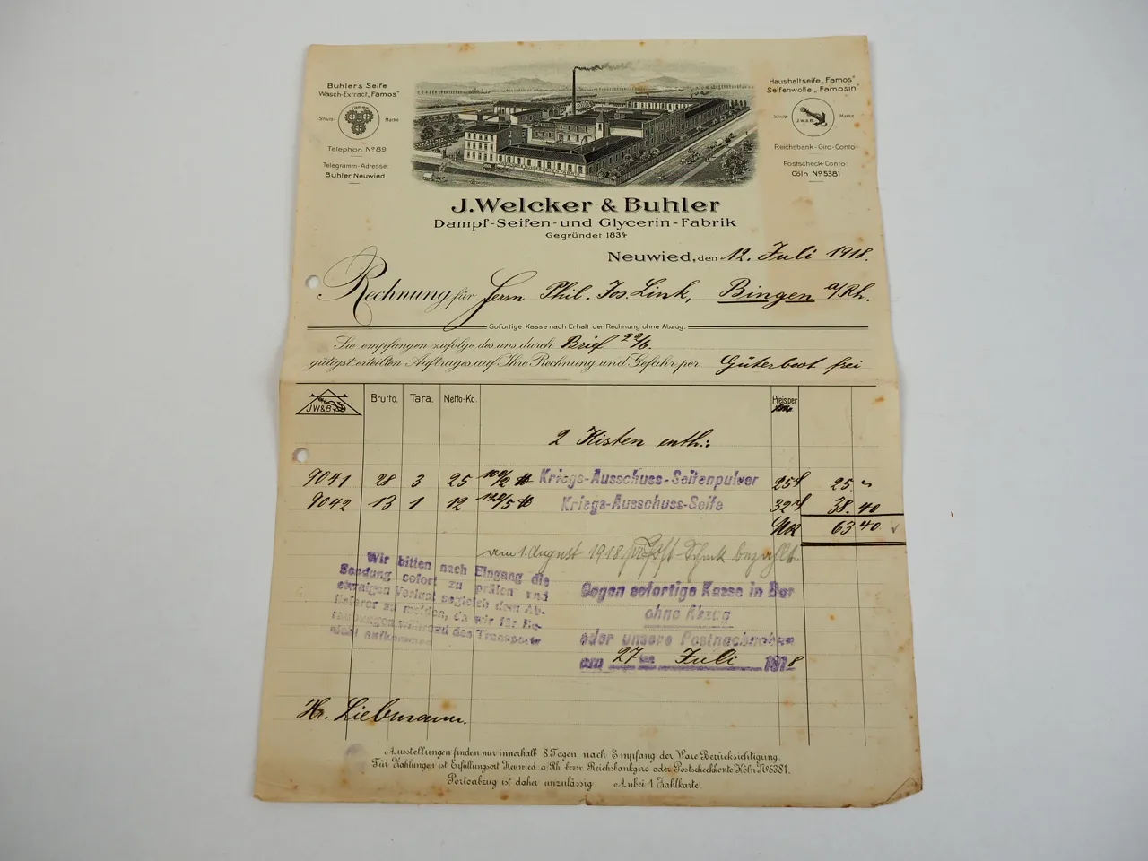J. Welcker u. Buhler Seifen Glycerin Fabrik Neuwied Rechnung 1918