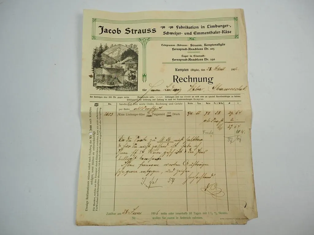 Jacob Strauss Fabrikation Käse Kempten Allgäu Rechnung 1906