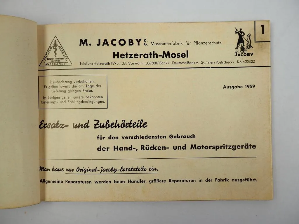 Jacoby Ersatzteillisten für Schädlingsbekämpfungsgeräte 1959