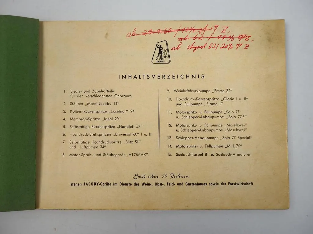 Jacoby Ersatzteillisten für Schädlingsbekämpfungsgeräte 1959