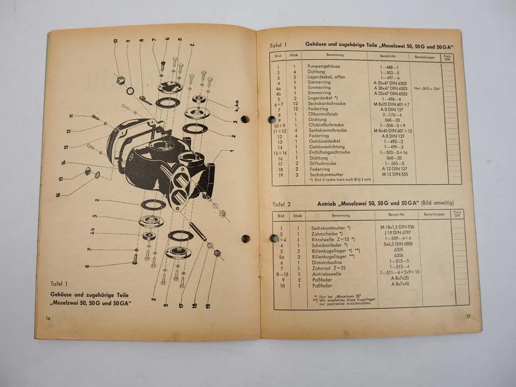 Jacoby Moselzwei 50 G GA Spritzpumpen Bedienungsanleitung Ersatzteilliste 1966