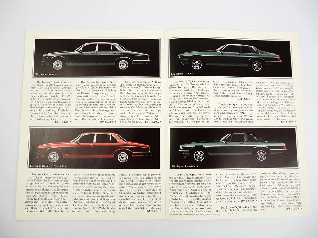 Jaguar Prospekt Vernunft und Vergnügen 1985 XJ6 4.2 XJS 3.6 V12 Coupe Cabriolet