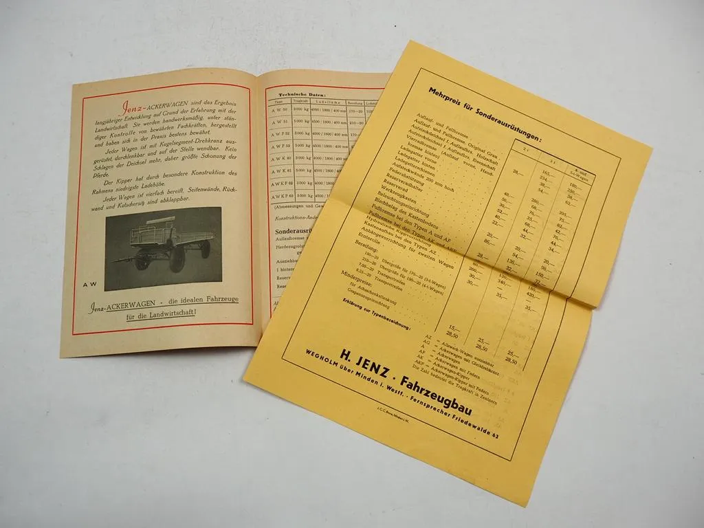 Jenz AWK60 AW Ackerwagen Prospekt Preisliste JENZ Fahrzeugbau Wegholm 1953