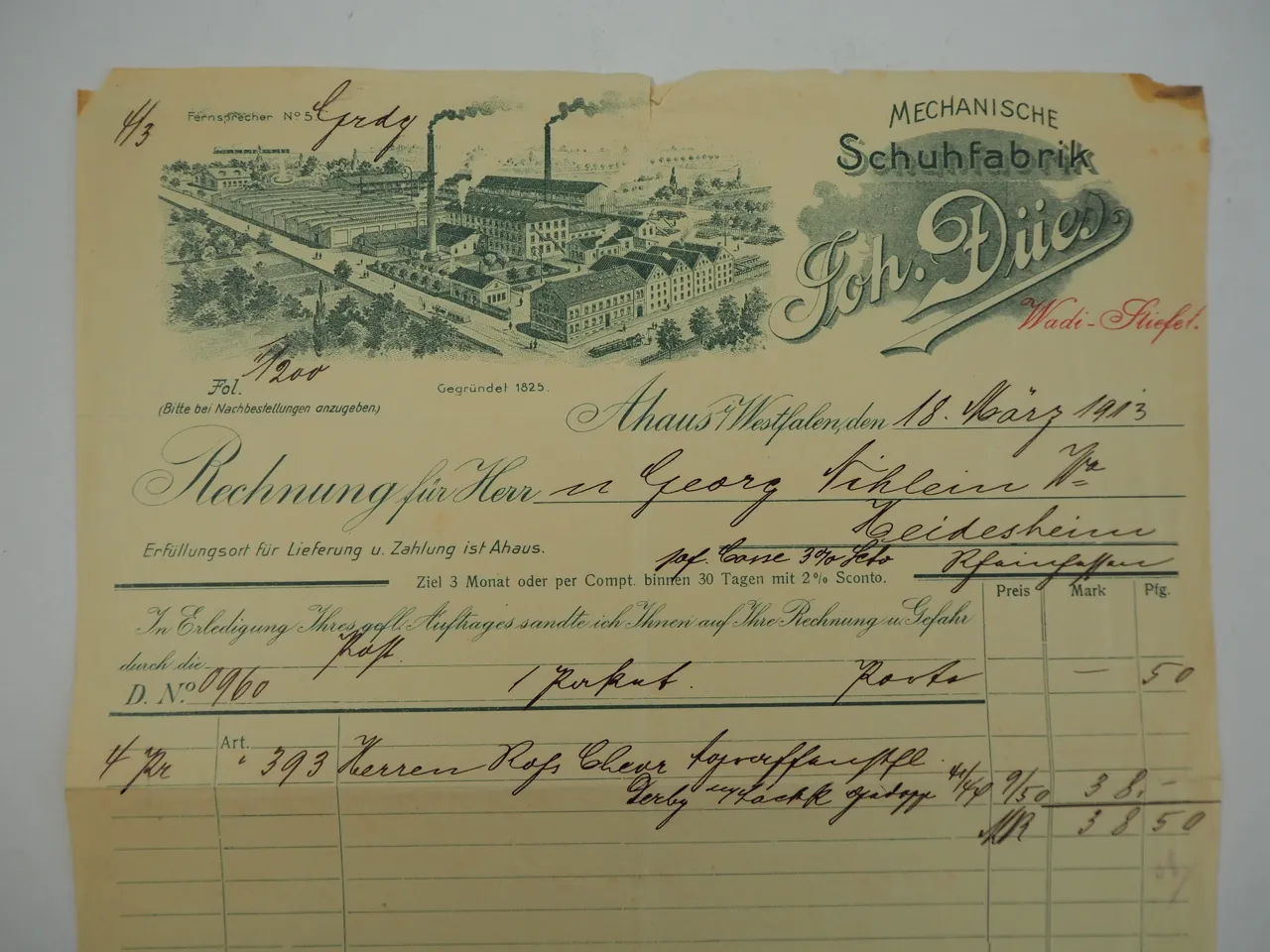 Joh. Dües Schuhfabrik Ahaus Westfalen Rechnung 1913