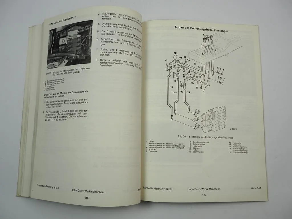 John Deere 830 - 3130 840 - 3140 Anbauanleitung Zusatzsteuergeräte Schieberausf.