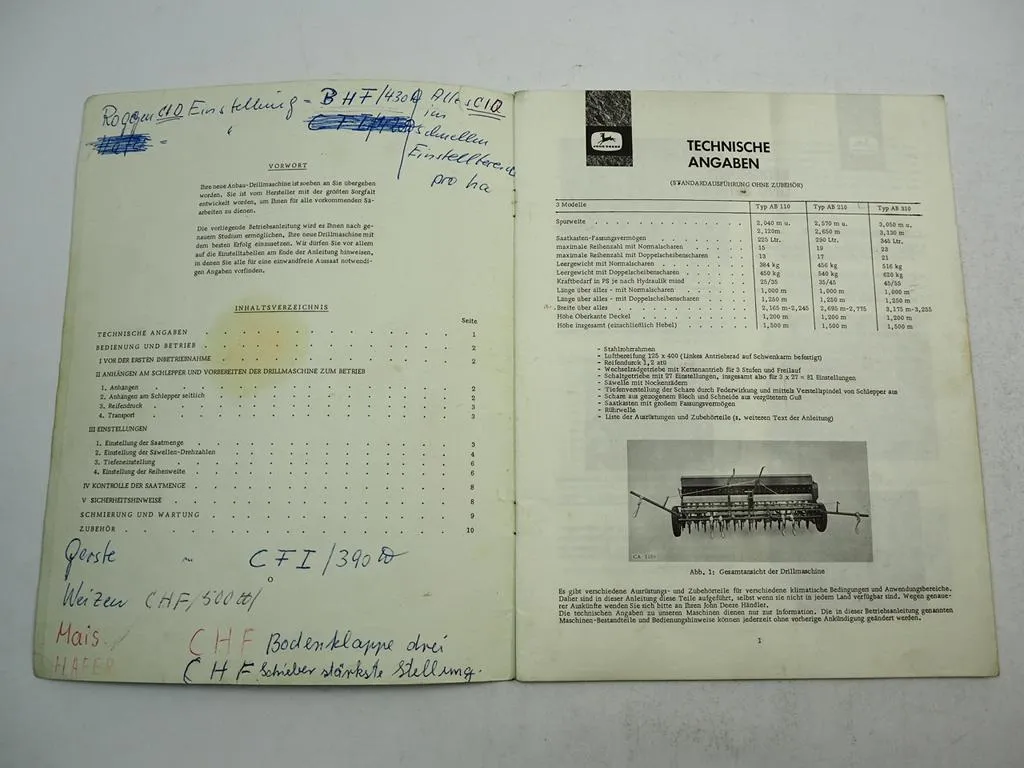 John Deere AB 110 210 310 Drillmaschine Betriebsanleitung Bedienung Sätabelle