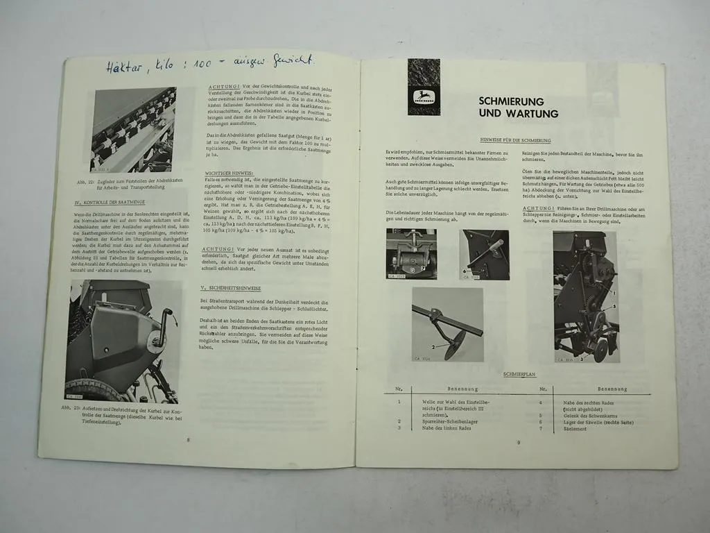 John Deere AB 110 210 310 Drillmaschine Betriebsanleitung Bedienung Sätabelle