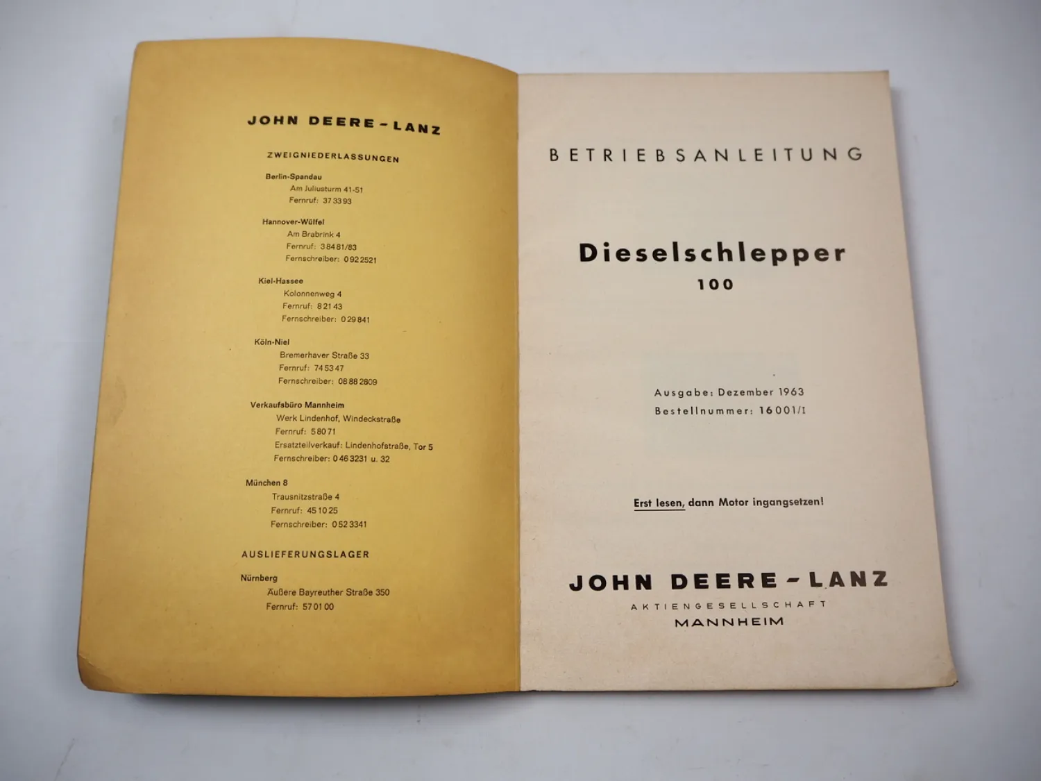 Original John Deere Lanz 100 Dieselschlepper Betriebsanleitung 1961