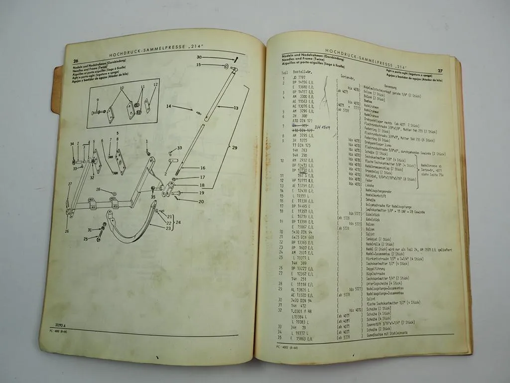 John Deere Lanz 214 Hochdruck Sammelpresse Ersatzteilliste 1964