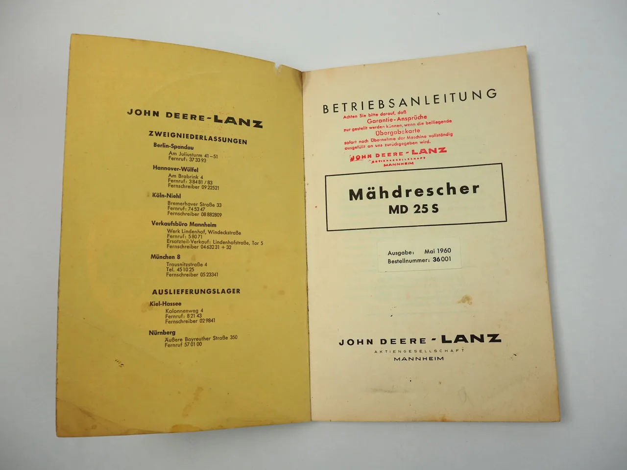 John Deere Lanz MD25S Mähdrescher Betriebsanleitung Bedienung Wartung 1960