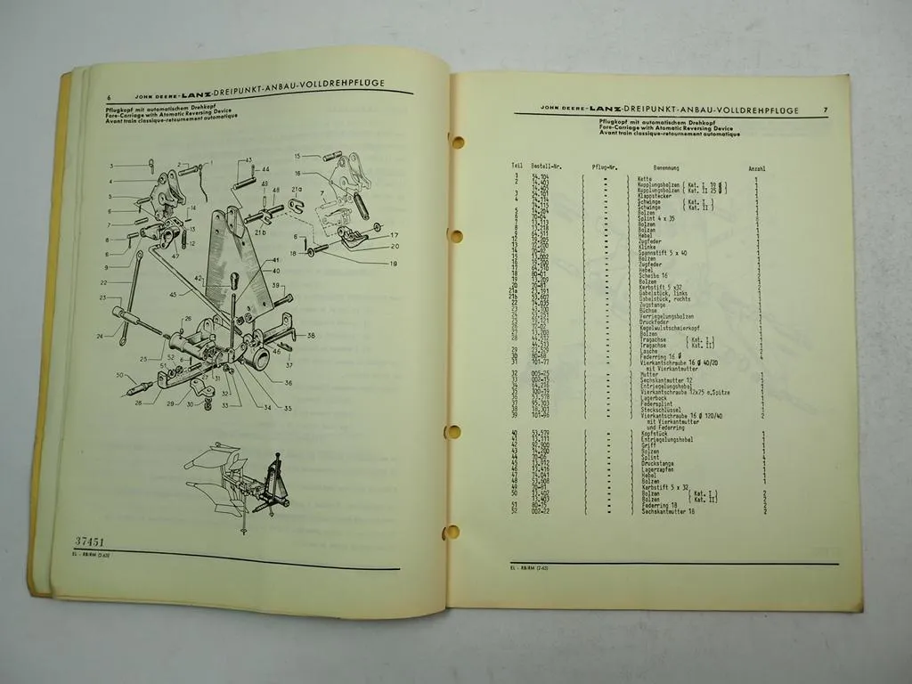 John Deere Lanz RB 100 300 500 570 RM100 Volldrehpflug Ersatzteilliste 1963