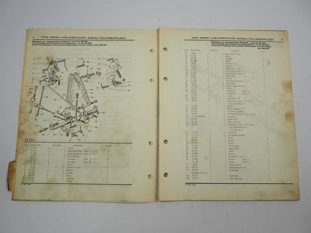 John Deere Lanz RM100 RB 300 500 570 700 Anbau Volldrehpflug Ersatzteilliste 1965