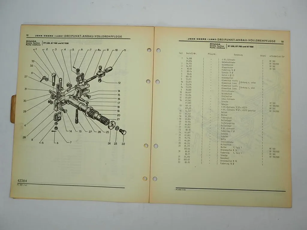 John Deere Lanz RT 500 700 900 Anbau Volldrehpflug Ersatzteilliste 1965