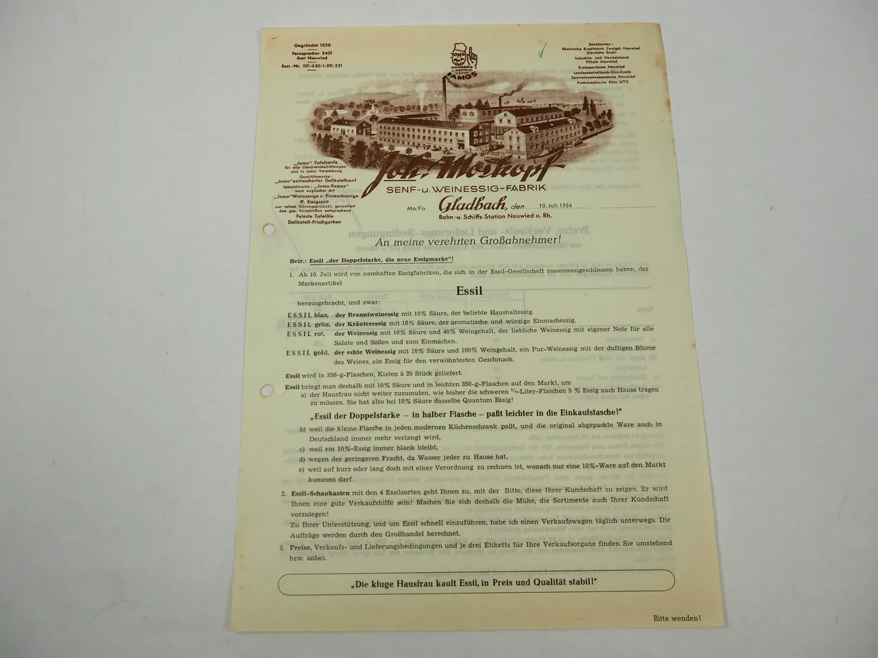 Jomo Joh. Moskopf Senf Essil Essig Fabrik Gladbach 1954 Mostrich Famos