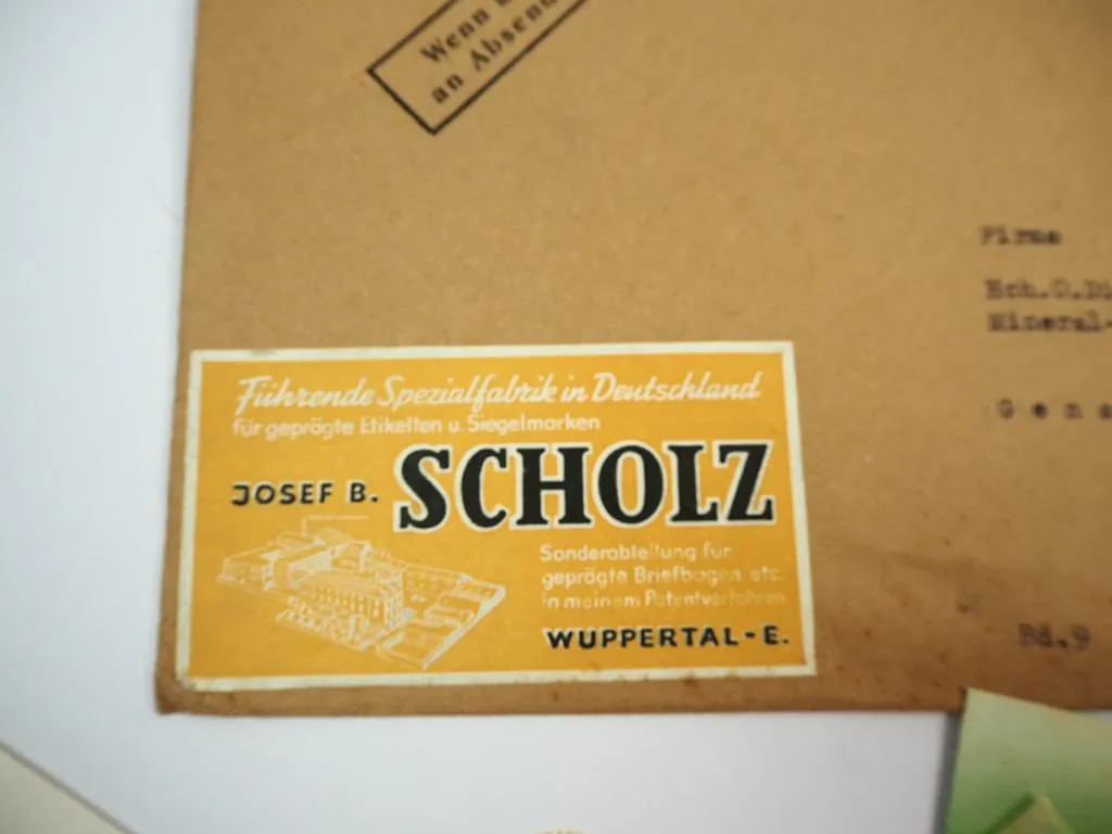 Josef B. Scholz Wuppertal Konvolut Muster Etiketten & Siegelmarken geprägt ca 1952