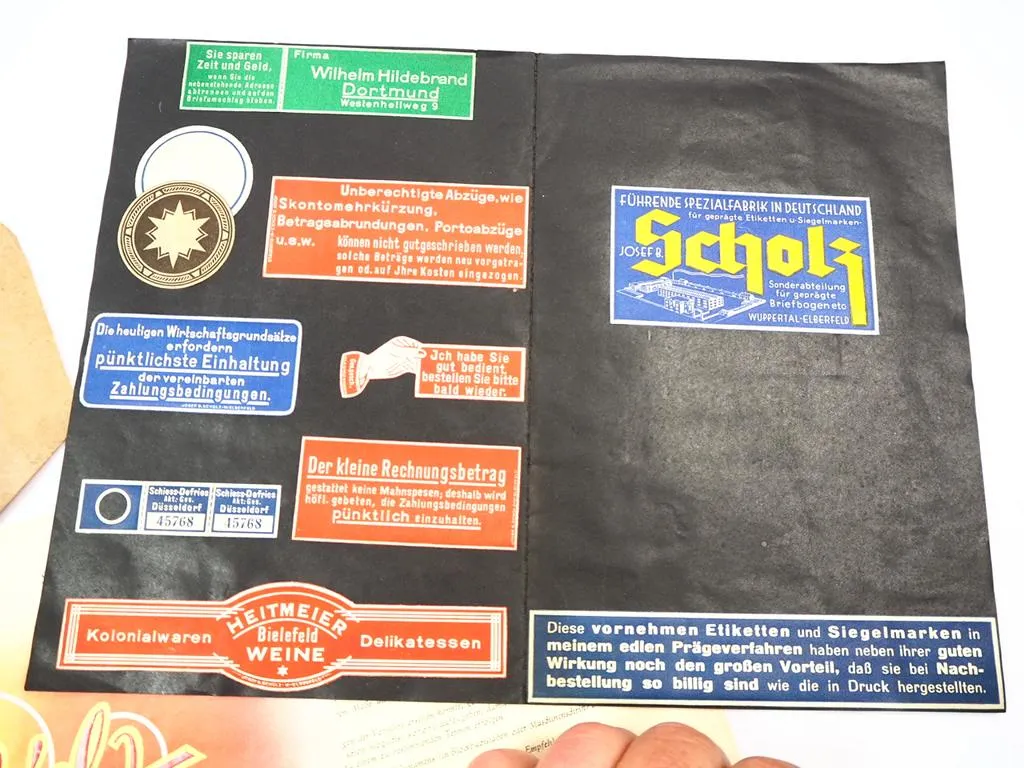 Josef B. Scholz Wuppertal Konvolut Muster Etiketten & Siegelmarken geprägt ca 1952