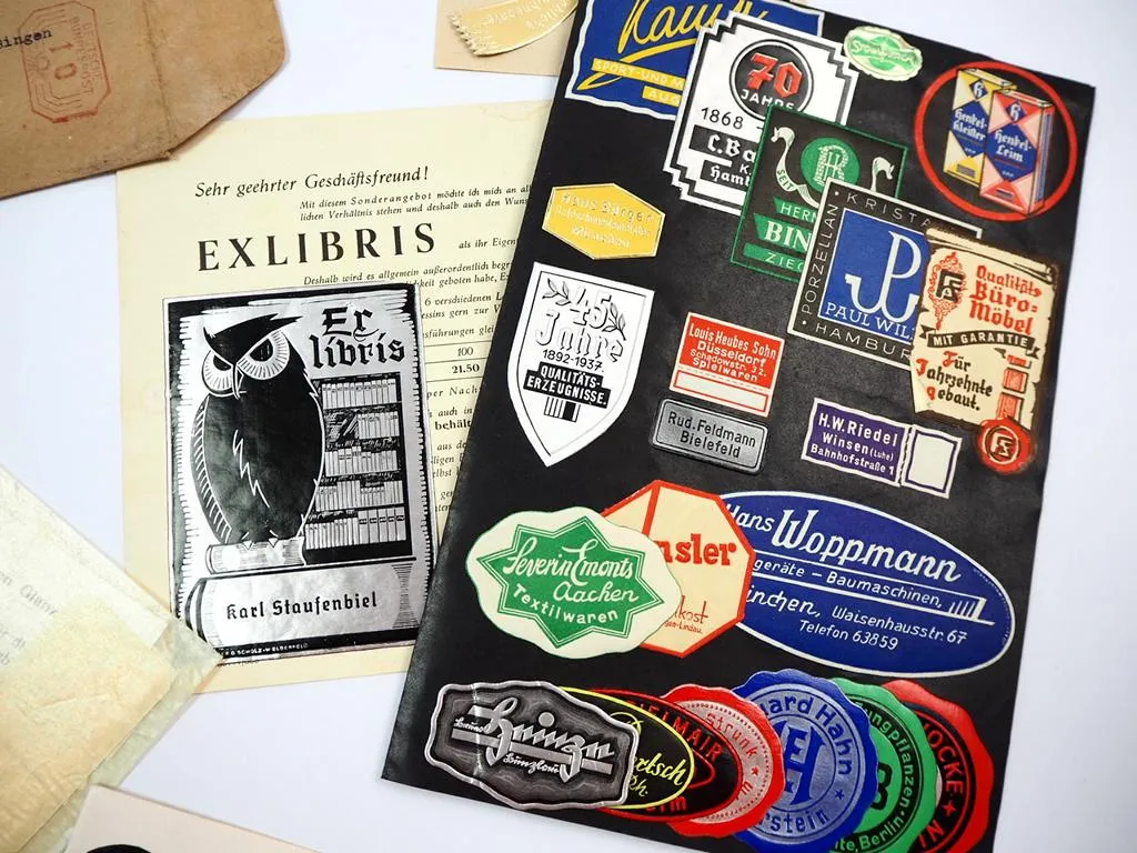 Josef B. Scholz Wuppertal Konvolut Muster Etiketten & Siegelmarken geprägt ca 1952