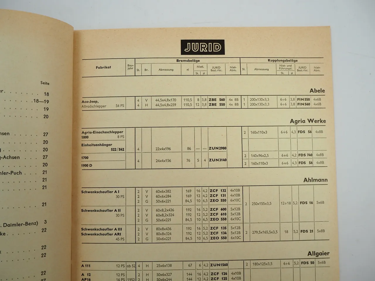 Jurid Bremsbelag Kupplungsbelag für Schlepper Ersatzteilkatalog 1957