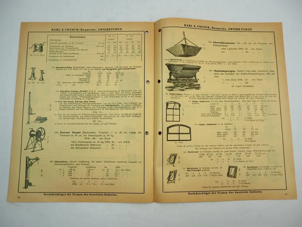 Karl E. Fischer Zweibrücken Baugeräte Eisenwaren Preisliste 1929